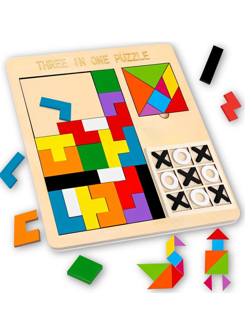 3-in-1 Puzzle Game for Kids - Educational Colorful Square Tangram, Chess,  Tic-Tac-Toe - Multicolor Wooden Building Blocks, Brain Teasers for Boys  Girls, XOXO Board Game Toy - Image 1
